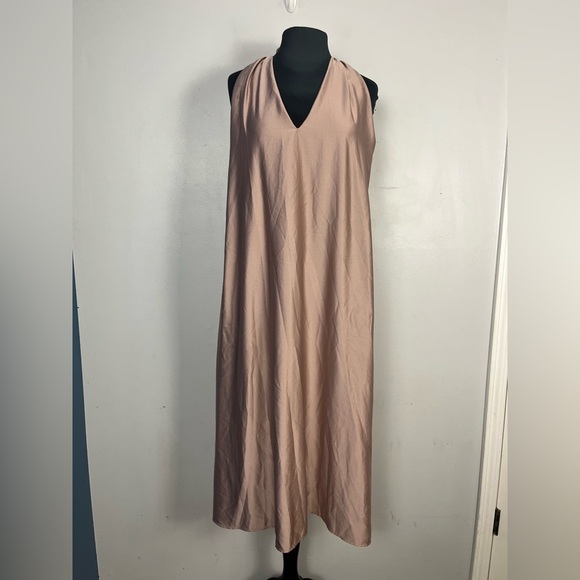 Zara taupe satin midi sleeveless dress v-neck razorback size medium - Picture 6 of 10